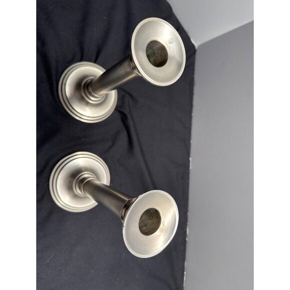 Vintage MCM Candlestick Brushed Holders 8" Set Of 2 Black Felted Bottoms - Picture 2 of 8